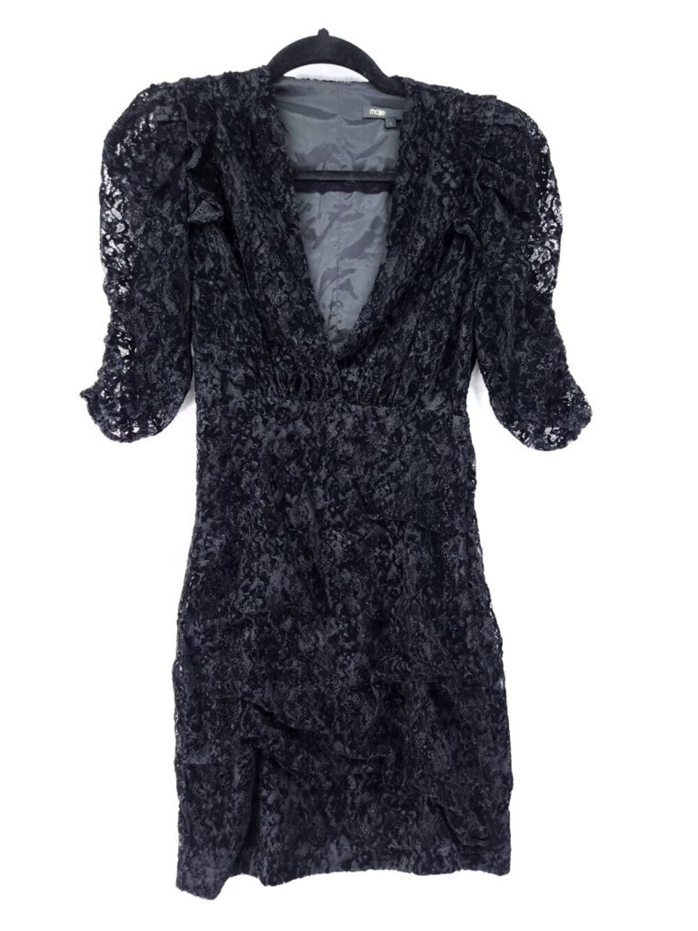 Maje Black Lace V-Neck Mini Dress 1 US Small Puff Sleeve Cocktail Party Ruffle